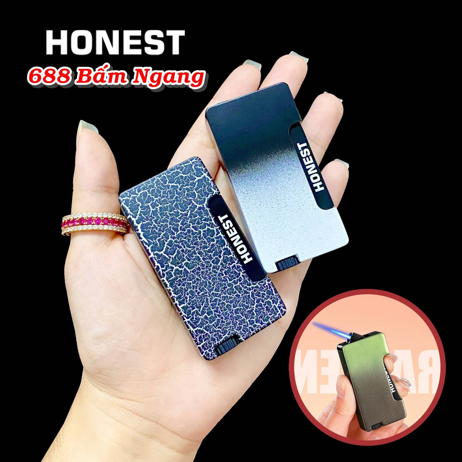 Hột quẹt bật lửa HONEST 688 bấm ngang màu cầu vòng - xài gas