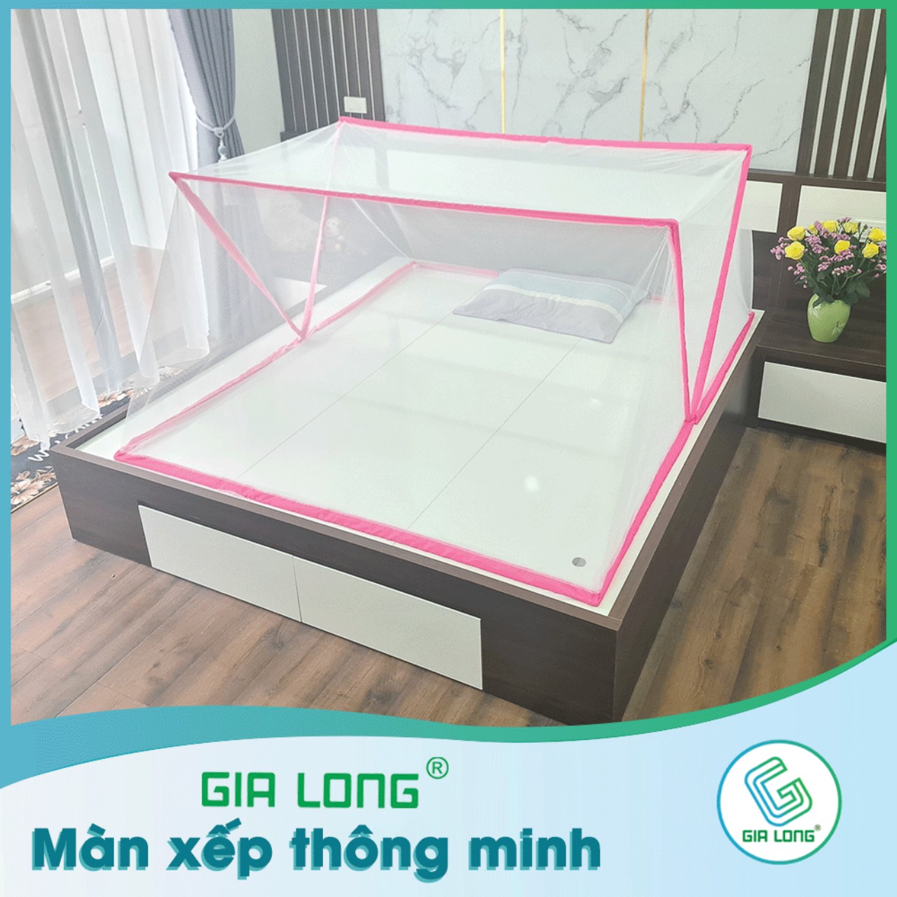 Màn Gấp Gọn Gia Long Cao Cấp (Size người lớn 1.8m x 2m)- màu hồng