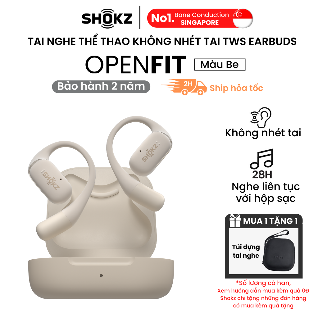 Tai nghe không nhét tai Bluetooth True Wireless Earbuds Shokz OpenFit - Thế Hệ Mới Nhất - Hàng Chính Hãng - Thoải mái khi đeo - Pin sử dụng đến 28 tiếng cùng hộp sạc