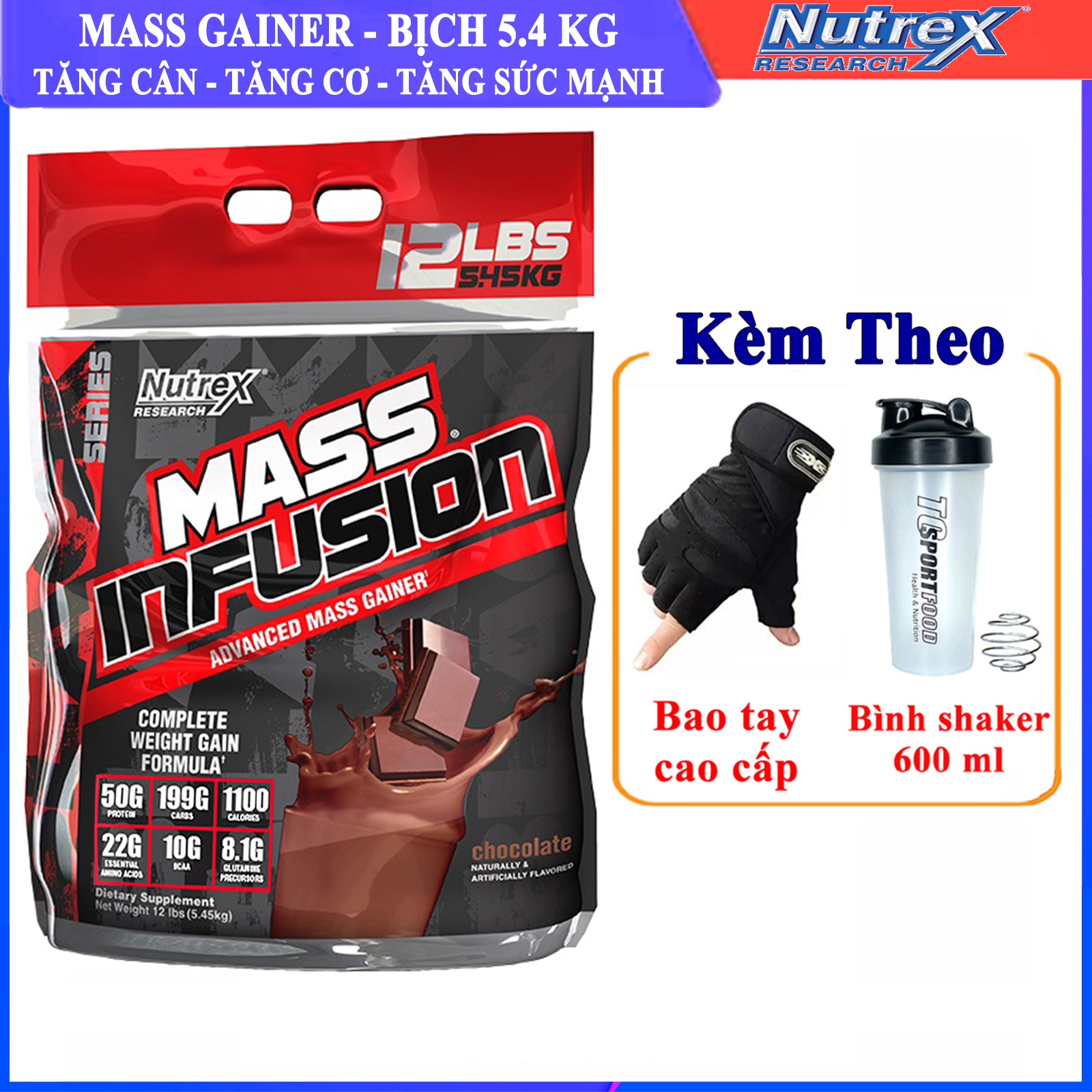 Sữa tăng cân tăng cơ Mass Infusion của Nutrex bịch lớn 5.45kg hỗ trợ tăng cân tăng cơ nhanh cho người gầy kén ăn và khó tăng cân, có enzim tiêu hoá cho người dị ứng lactose