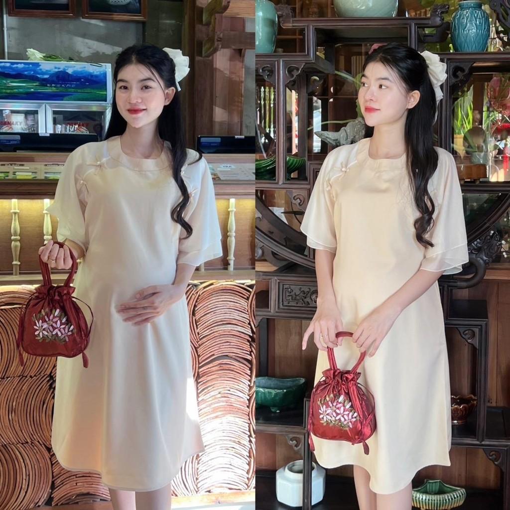 Đầm bầu thiết kế kiểu Áo dài cách tân Chất Cotton Lạnh đính nơ xinh xắn, thanh lịch - Vàng