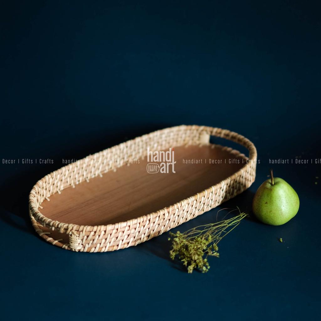 Khay mây oval - Khay oval đế gỗ - Oval rattan tray