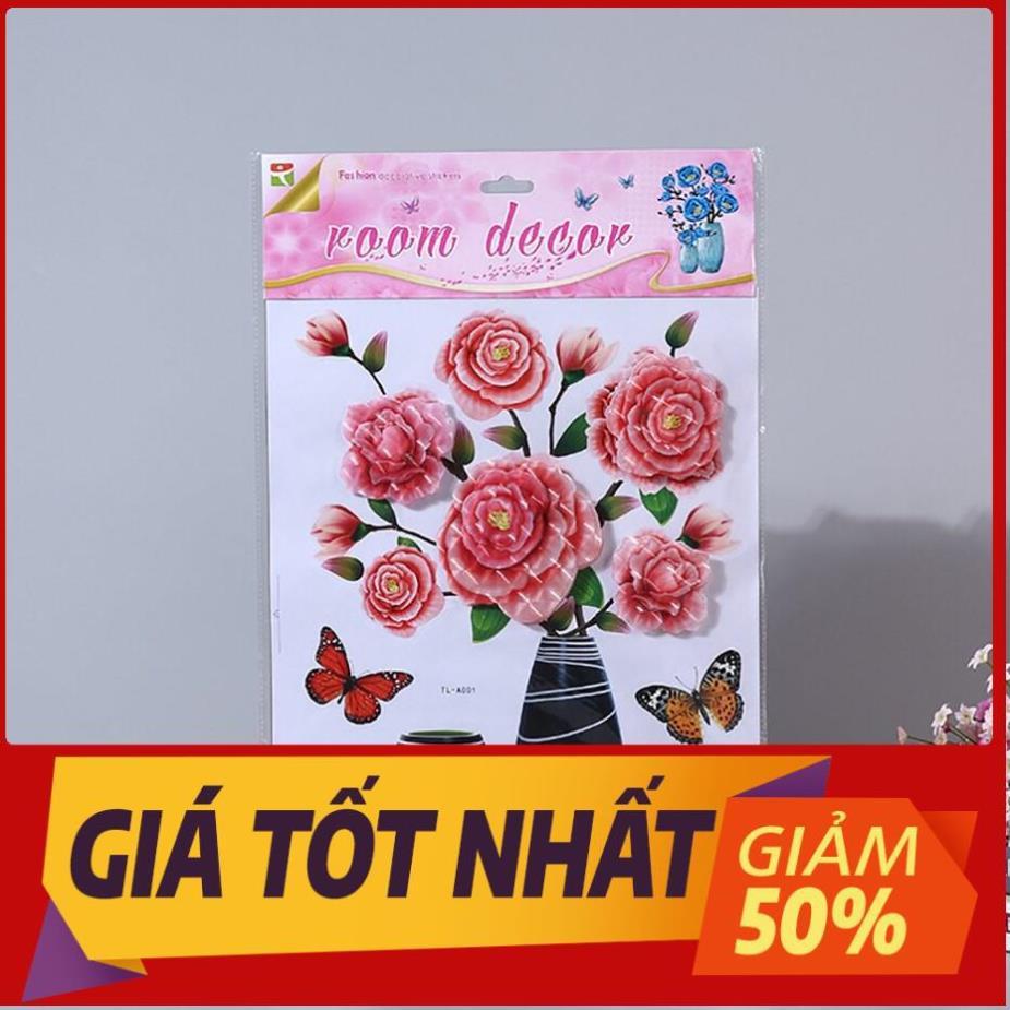 Tranh dán tường 3D treo phòng khách, phòng ngủ trang trí đẹp hình bình lọ hoa hồng/sen/trà/đào