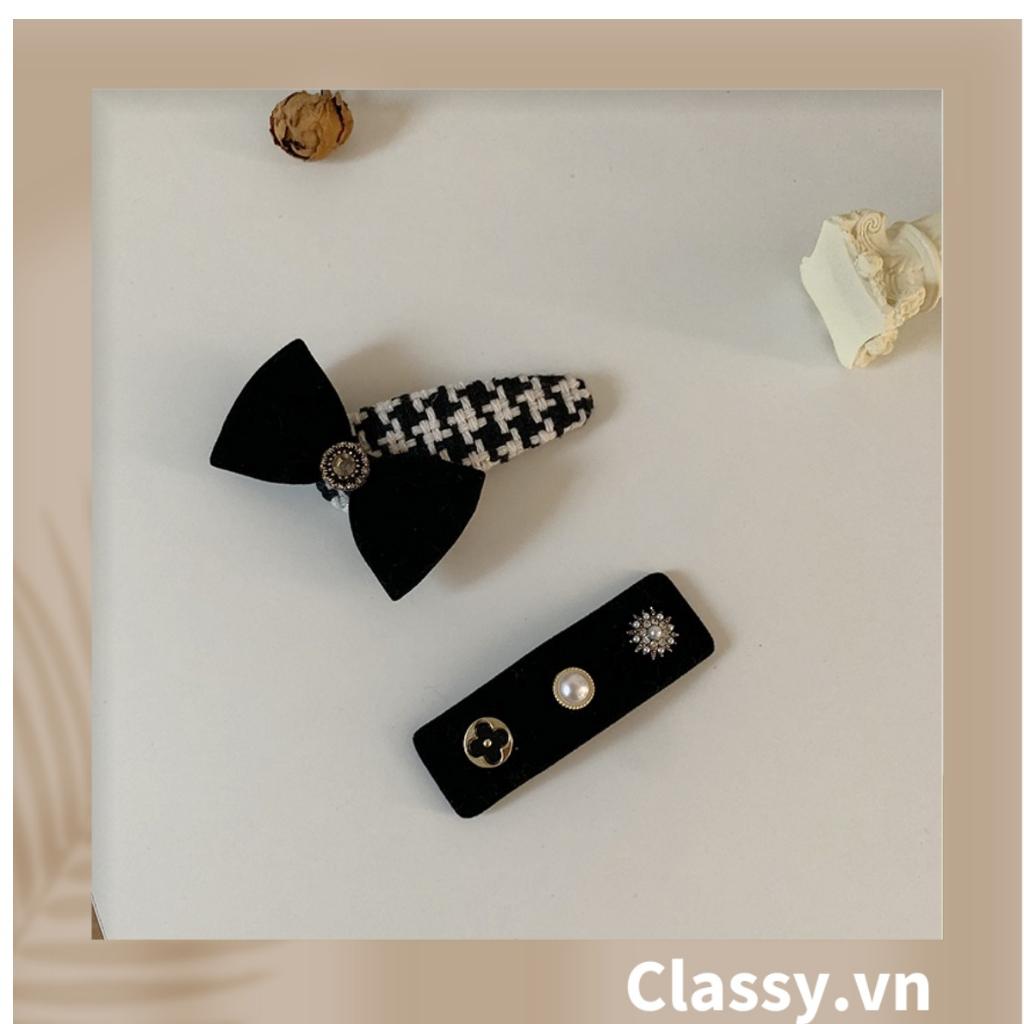 BST Kẹp tóc Classy dạng clip họa tiết kẻ sọc trắng đen caro hot hit bản lớn bọc vải chanh sả sả chanh PK945