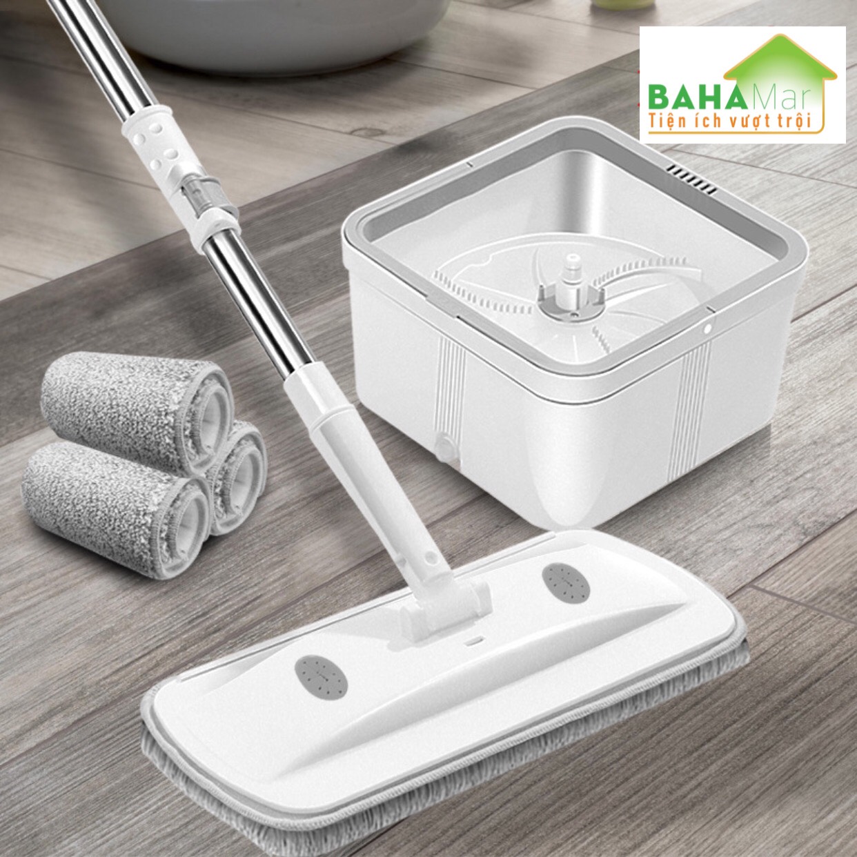 BỘ CÂY LAU NHÀ CHẬU VUÔNG PHẲNG, CÂY LAU HÌNH TRỤ ẤN XOAY TỰ ĐỘNG TÁCH NƯỚC BẨN "BAHAMAR" Nước sạch giặt giẻ lau và xoáy loại bỏ nước bẩn ra chậu ngoài một cách tách biệt luôn