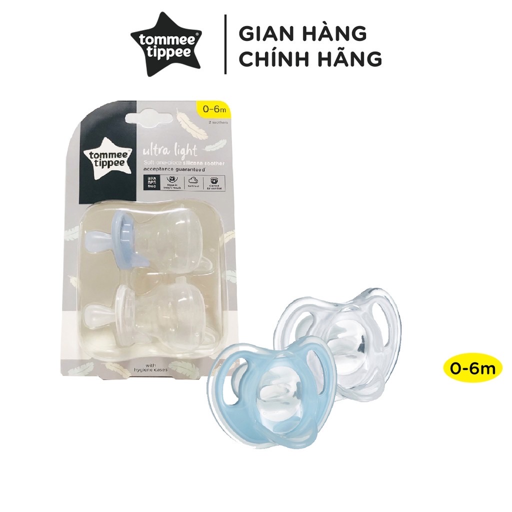 Ty ngậm silicon siêu nhẹ cho bé Tommee Tippee Ultra Light 0-6 tháng (vỉ đôi) - Xanh dương/Trắng