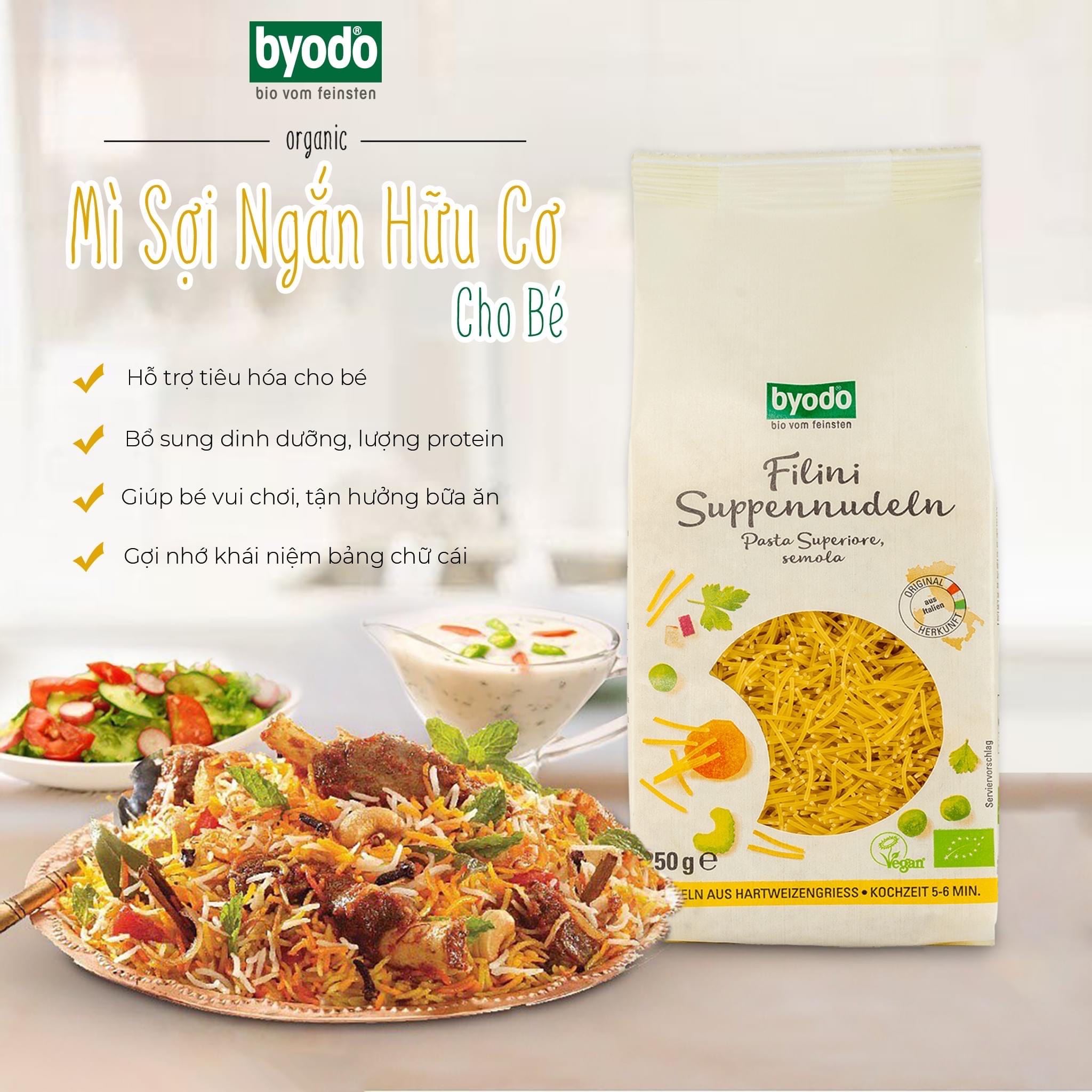 Mì Spaghetti hữu cơ cọng nhỏ cho bé 250g Byodo