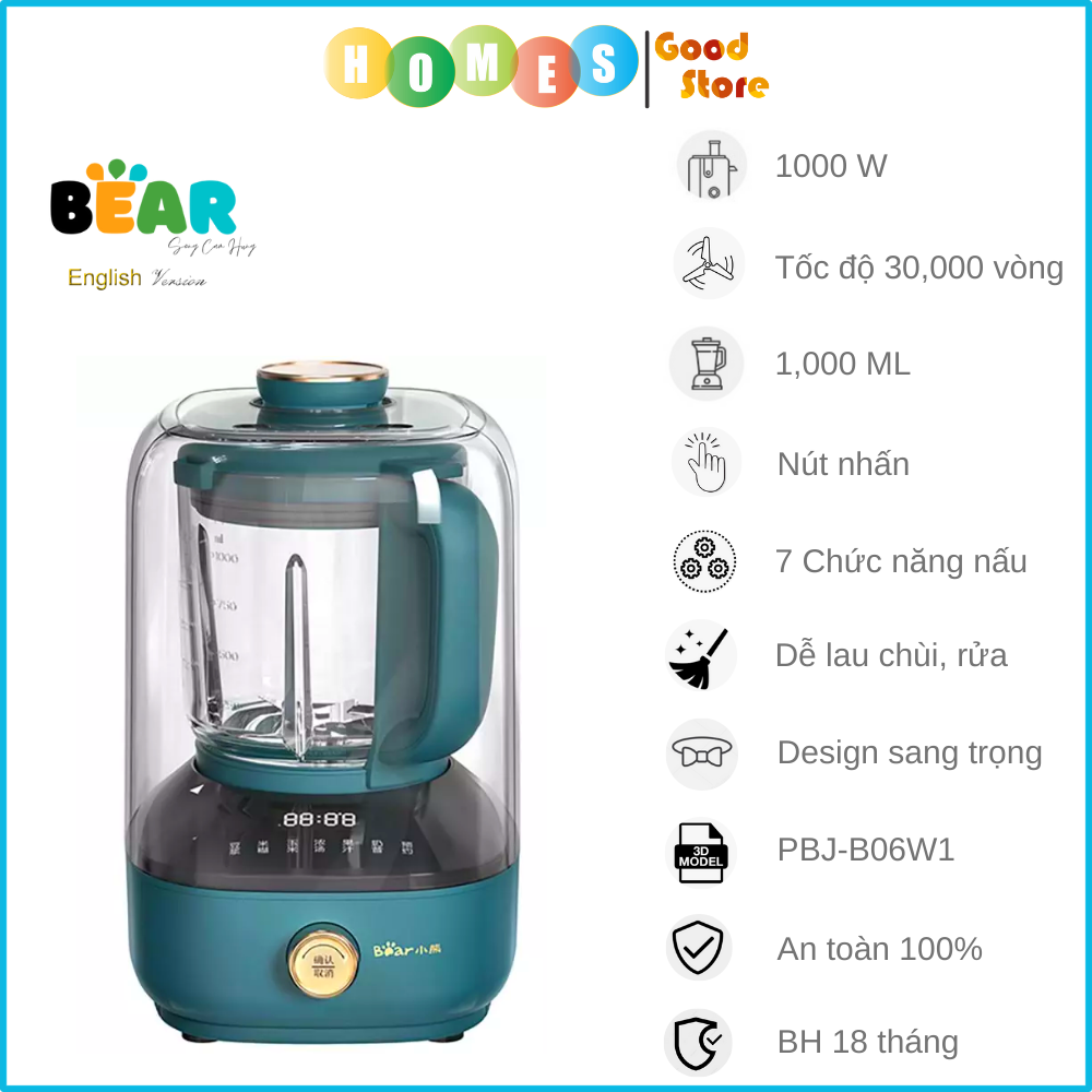 Máy Làm Sữa Hạt Cách Âm, Máy Xay Nấu Sữa Hạt BEAR PBJ-B06W1 Dung Tích 1 Lít Công Suất 1000 W - Hàng Nhập Khẩu