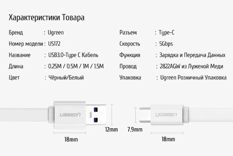 Ugreen UG30623US172TK 1M màu Trắng Cáp USB TypeC sang USB 3.0 cáp tròn - HÀNG CHÍNH HÃNG