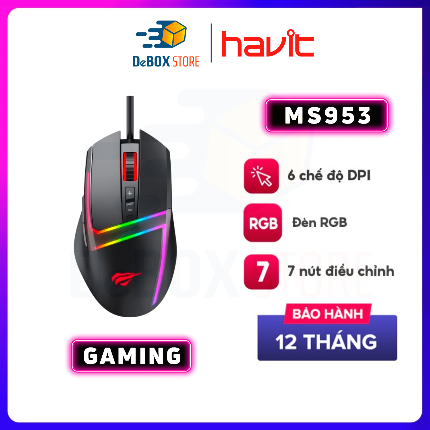 Chuột Gaming Có Dây Havit MS953 RGB Blacklit, 6 Chế Độ DPI, 7 Nút Control, 20 Triệu Lần Nhấn - Hàng Chính Hãng