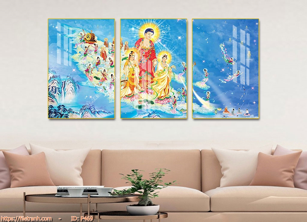 Bộ 3 Tranh Tráng Gương Phật Giáo, Phật Thích Ca, Phật Di lạc, Quán Thế Âm Bồ Tát, Tam Thế Phật Treo Tường Cao Cấp