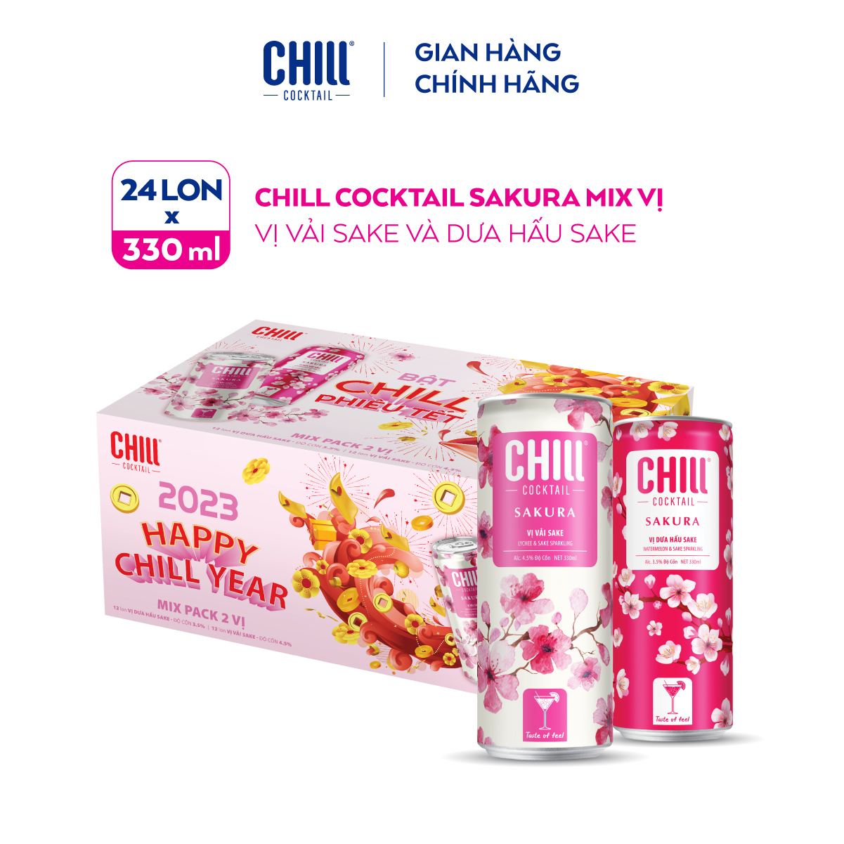 [VOUCHER 100K] Thùng 24 lon Chill Cocktail Sakura mix vị Vải Sake &amp; Dưa Hấu Sake (330ml/lon)