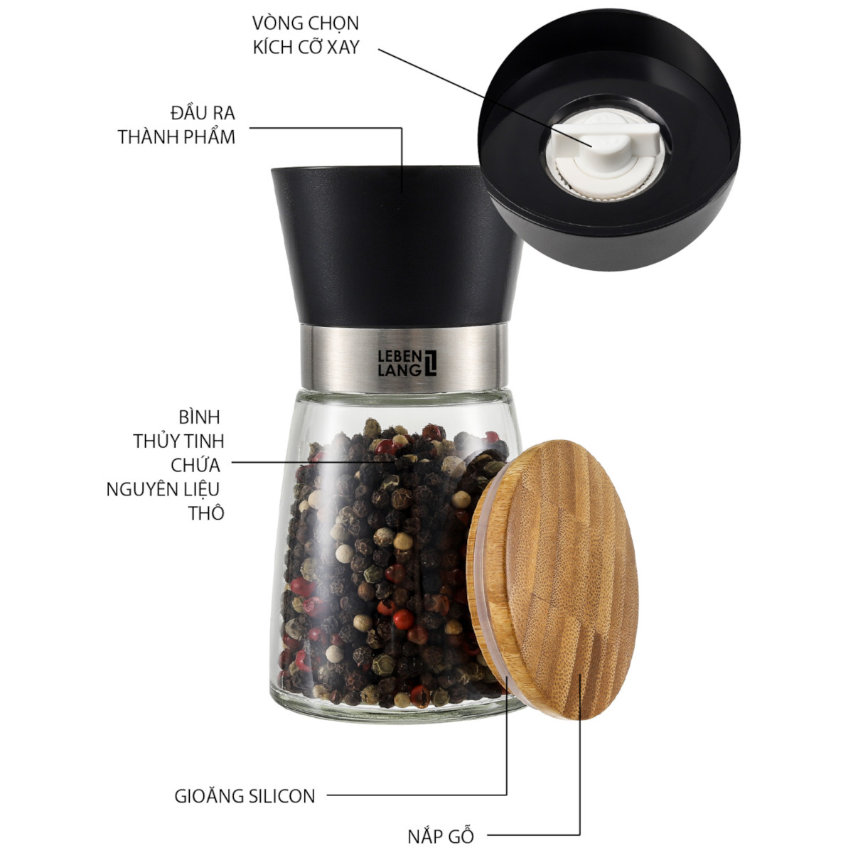 Dụng cụ xay tiêu cầm tay thủy tinh Lê Bên Làng LBL9595 dung tích 170ml nhỏ gọn tiện lợi