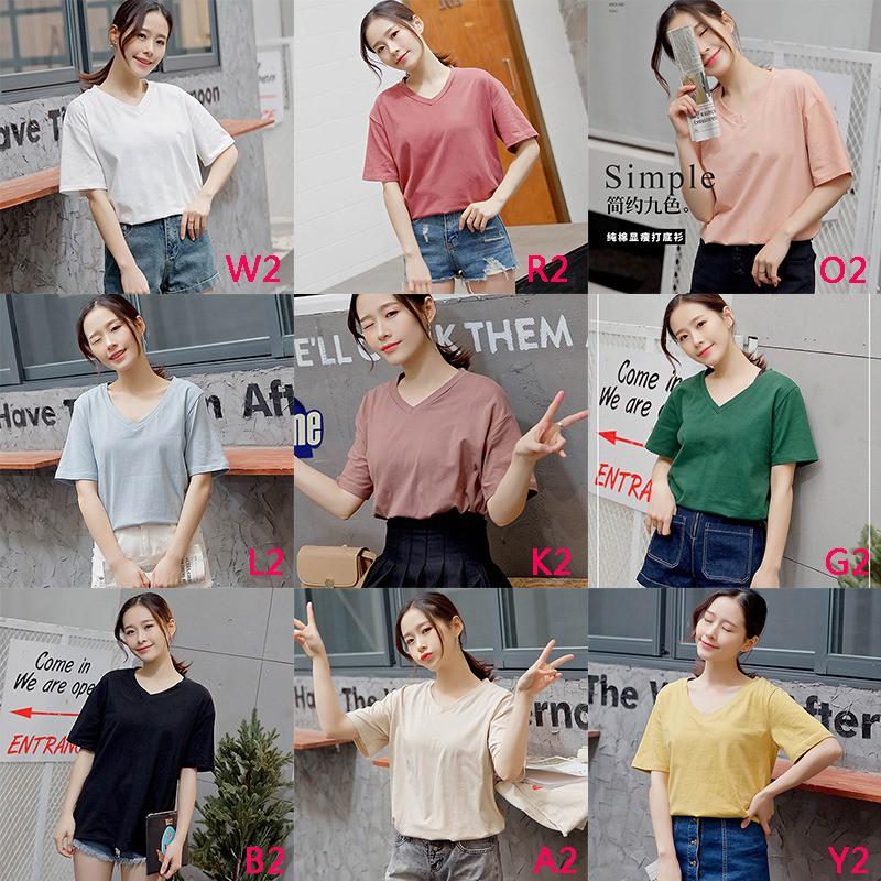 Áo thun cổ chữ V màu trơn tùy chọn thời trang cho nữ