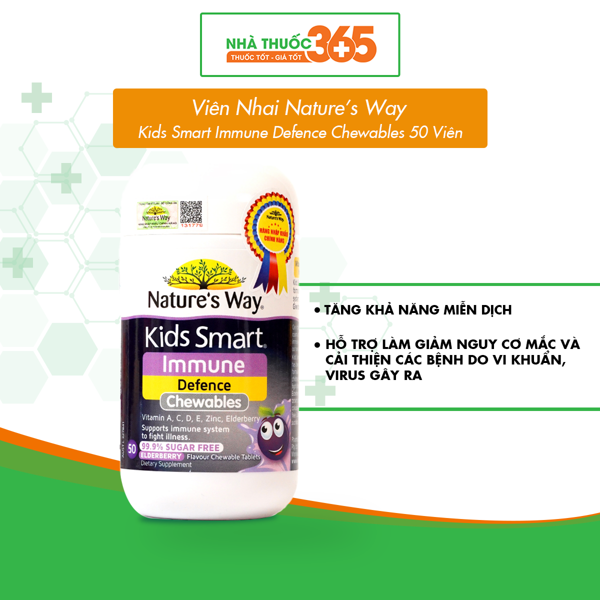 Viên Nhai Nature’s Way Kids Smart Immune Defence Chewables Tăng Cường Miễn Dịch Và Sức Đề Kháng Cho Bé 50V