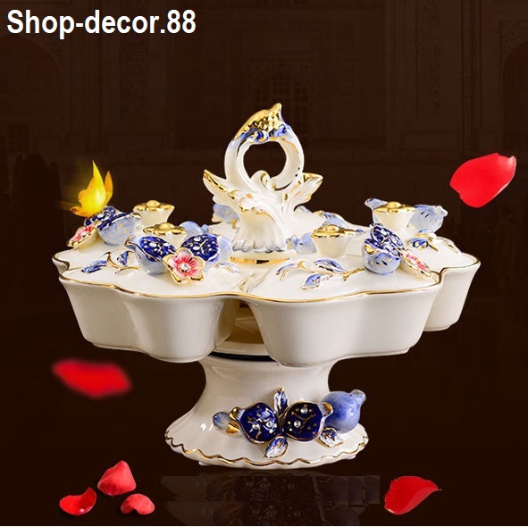 Khay mứt, bánh kẹo gốm trắng cao cấp họa tiết viền vàng 24k Decor trang trí nhà đẹp