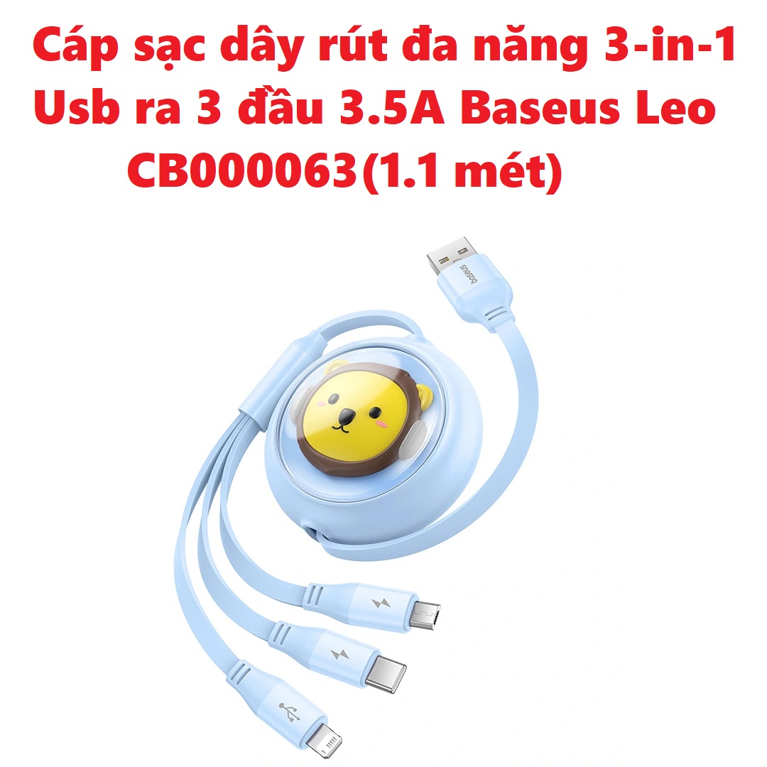 Cáp sạc dây rút đa năng 3 in 1 Usb ra 3 đầu 3.5A Baseus Leo CB000063 (1.1 mét) _ hàng chính hãng