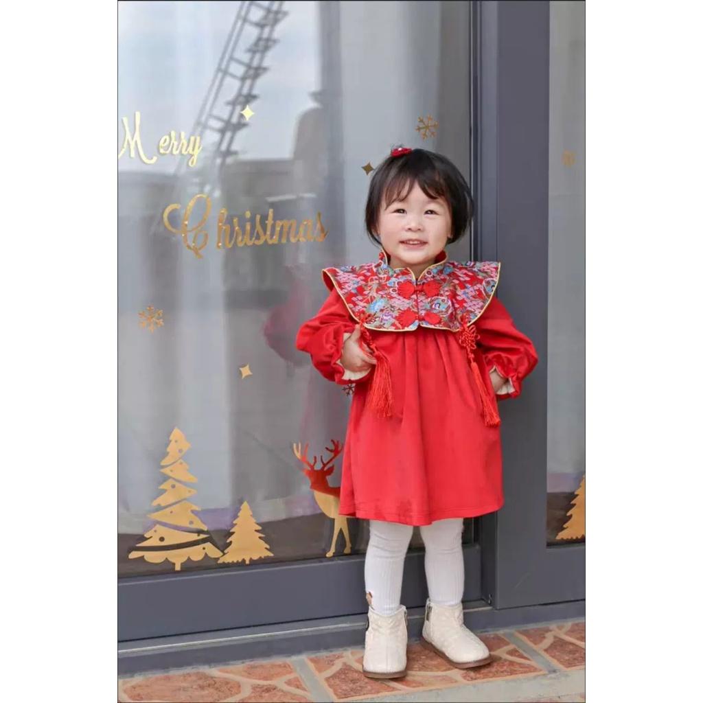 Váy đầm nhung đỏ cổ tàu mặc Tết 2023 hàng quảng châu cao cấp cho bé