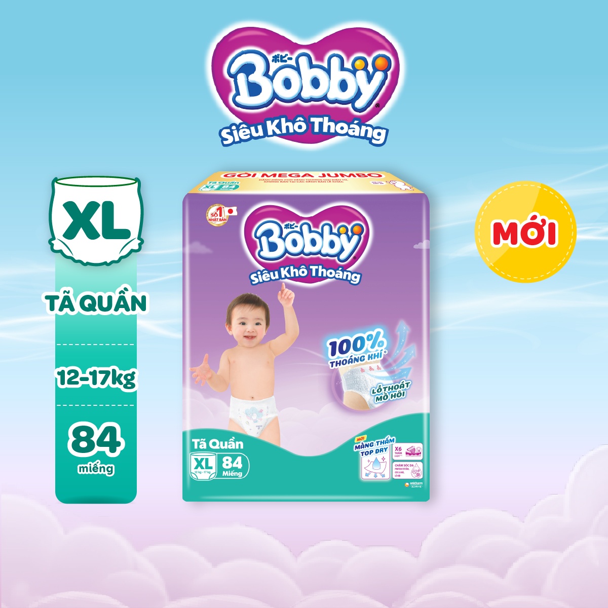 Tã quần Bobby Siêu Khô Thoáng - 100% Thoáng Khí Mega Jumbo - XL84