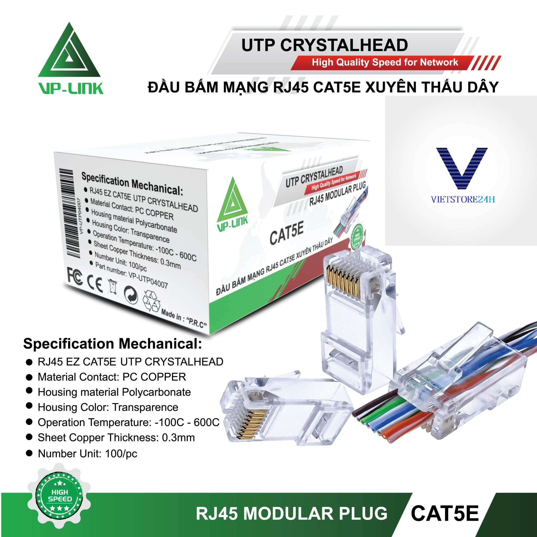 Đầu Mạng VP-Link CAT5E Xuyên Thấu RJ45 - Hàng chính hãng