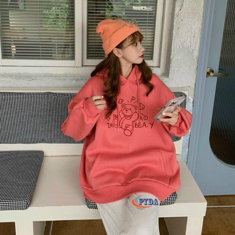 Áo hoodie nữ có nón form rộng in gấu với chất nỉ ngoại cao cấp thời trang thu đông