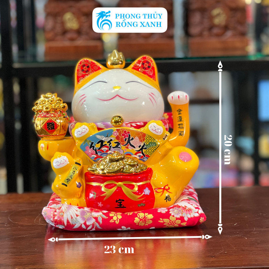 Mèo Thần Tài-Mèo May Mắn Chiêu Tài Đón Khách-Mèo Đại Phú Đại Quý Màu Vàng 8 inch-Gốm Sứ Cao Cấp