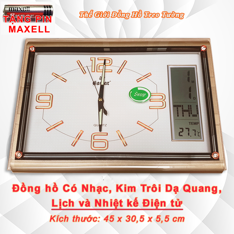 Đồng hồ EASTAR KIM TRÔI DẠ QUANG Có NHẠC GÕ Báo Giờ - LỊCH VẠN NIÊN và NHIỆT KẾ - Mặt Trắng Kim Đen DẠ QUANG - Tặng Pin Maxell
