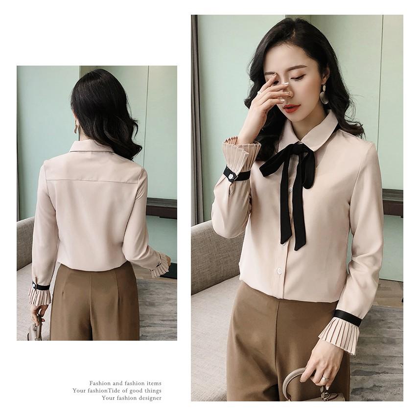 Áo sơ mi nữ cổ nơ tay chumpet xinh xắn, thời trang trẻ, phong cách Hàn Quốc