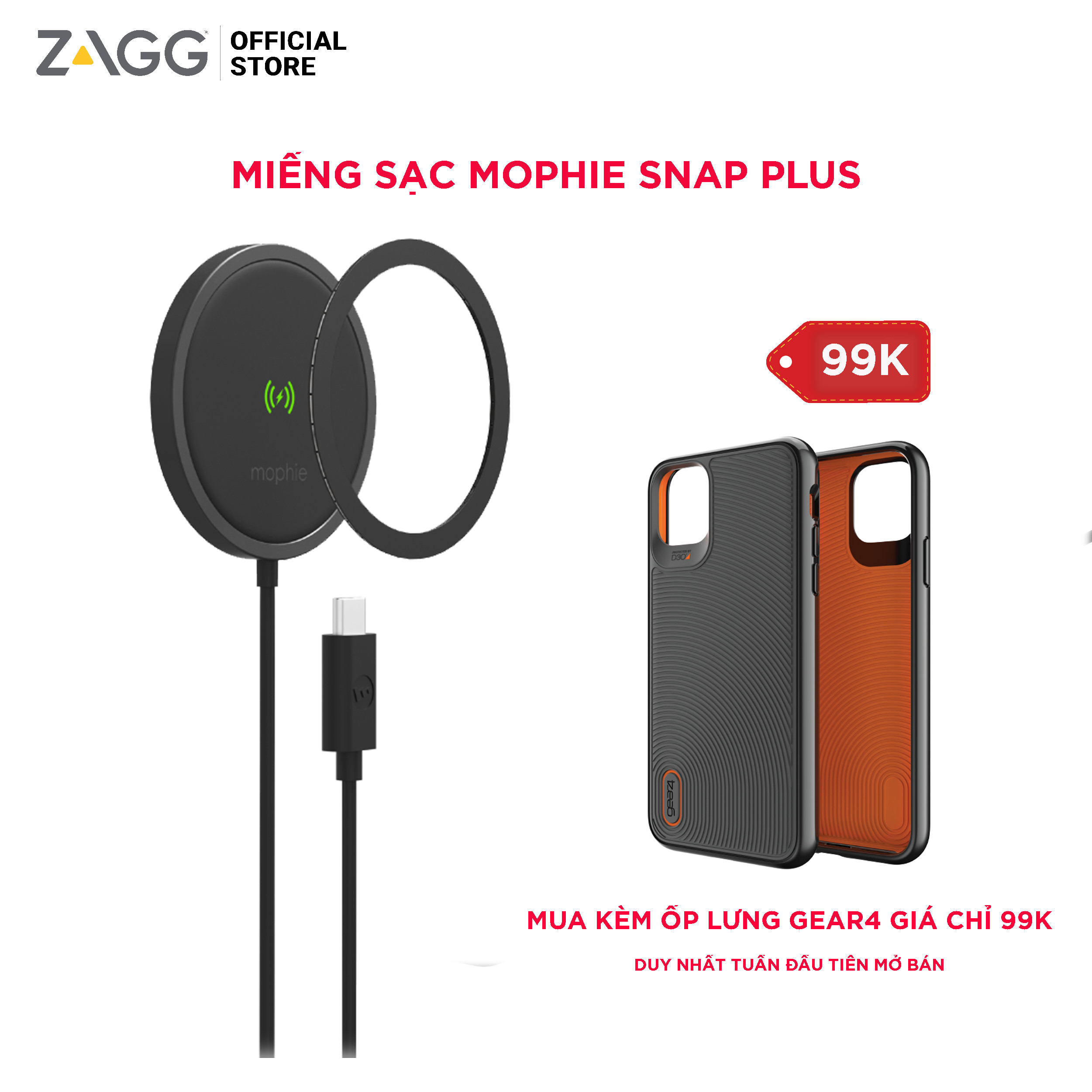 Miếng sạc Mophie Snap Plus - sạc nhanh không dây chuẩn Qi, công suất lên tới 15w, nam châm hít, vòng từ tính adapter - Hàng chính hãng