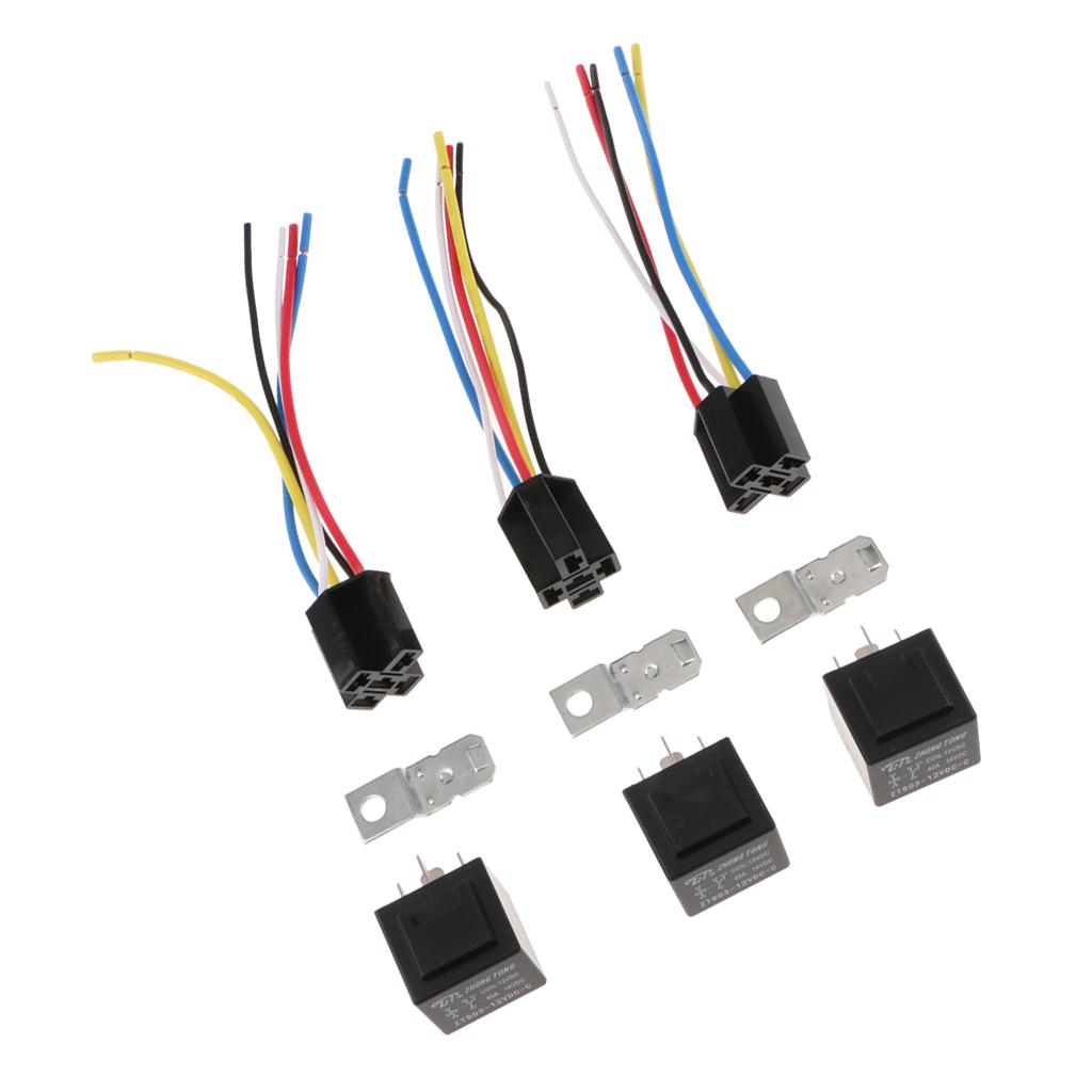 3Pcs DC 12V Car SPDT Automotive Relay 5 Pin 5 Wires with Harness Socket 40A