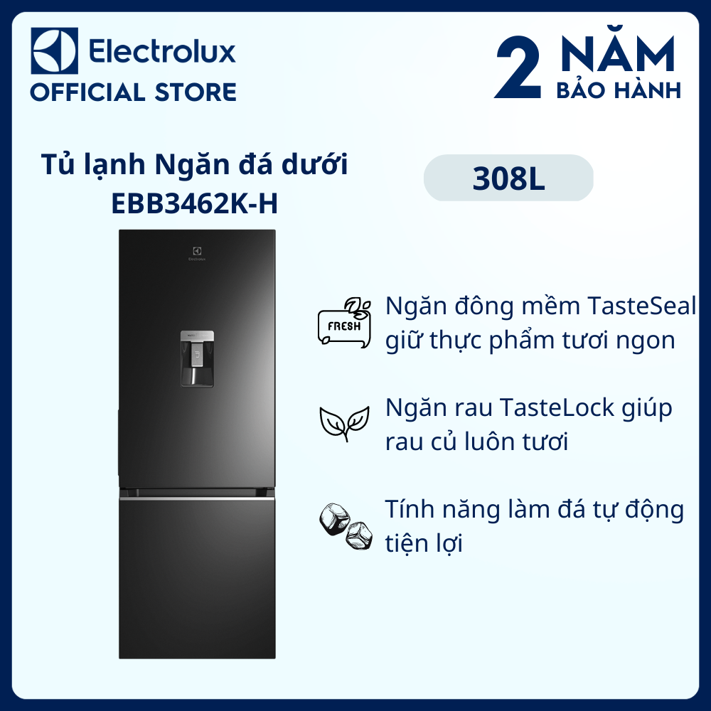 [Miễn phí giao hàng toàn quốc] Tủ lạnh Electrolux Inverter UltimateTaste 300 ngăn đá dưới có ngăn đông mềm 308 lít - EBB3462K-H - Làm đá tự động, lấy nước bên ngoài, nhiệt độ ổn định, khử mùi diệt khuẩn [Hàng chính hãng]