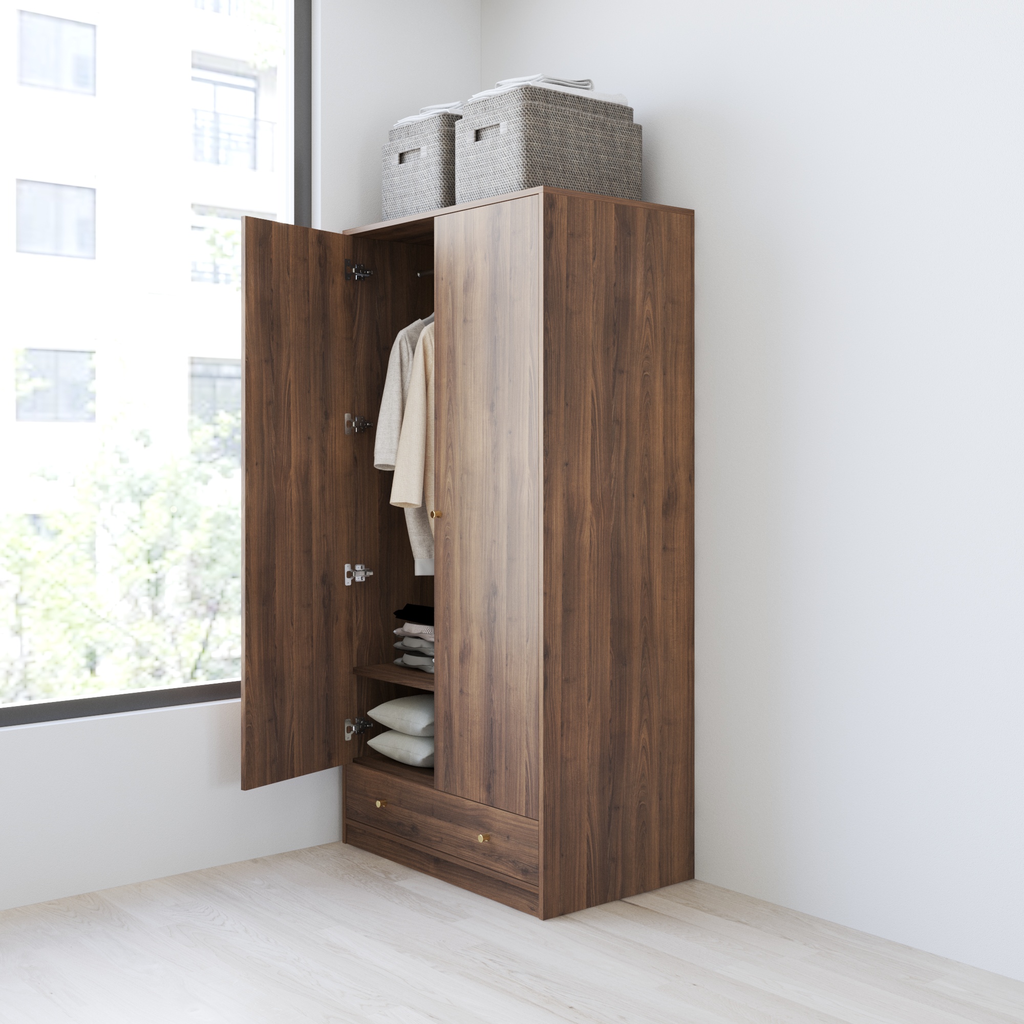 HAPPY FURNITURE , Tủ quần áo 2 cửa mở 1 ngăn kéo - HAPPI, TCM_232 , 90cm x 54cm x 180cm DxRxC