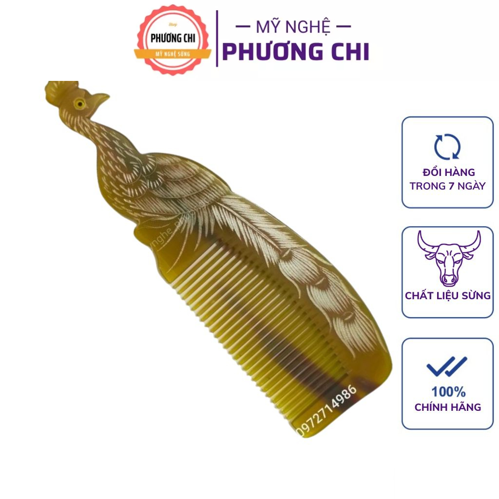 Lược sừng trâu chạm tách hình công tỉ mỉ cao cấp, lược chải tóc gỡ rối | Mỹ Nghệ Phương Chi