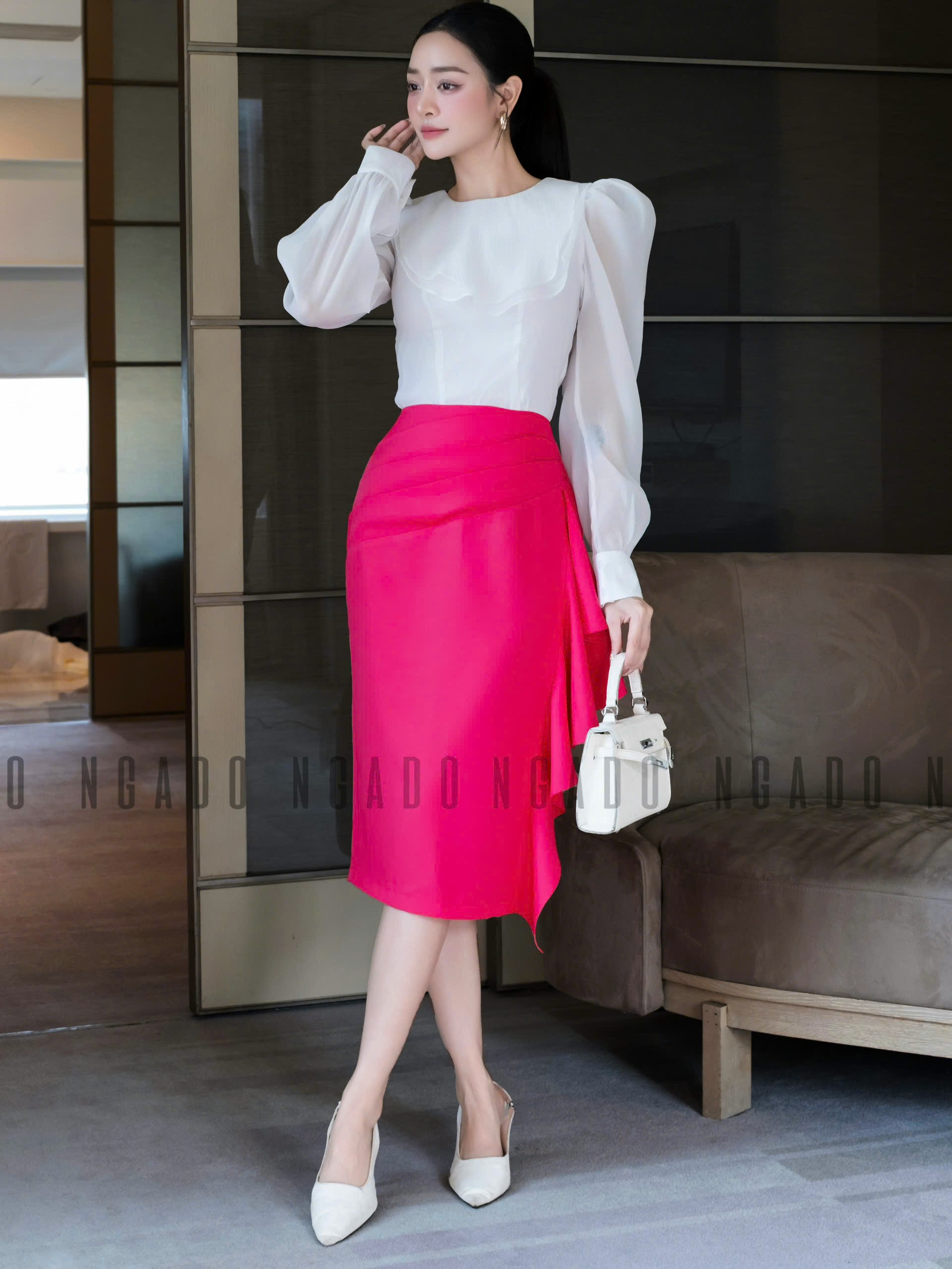 Set áo voan trắng váy hồng sen NGADO , set áo kèm chân váy , set áo váy Nữ