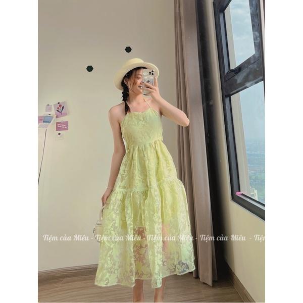 Váy maxi cổ yếm hở lưng vải voan kính hoa đi biển cực xinh tiệm của miêu