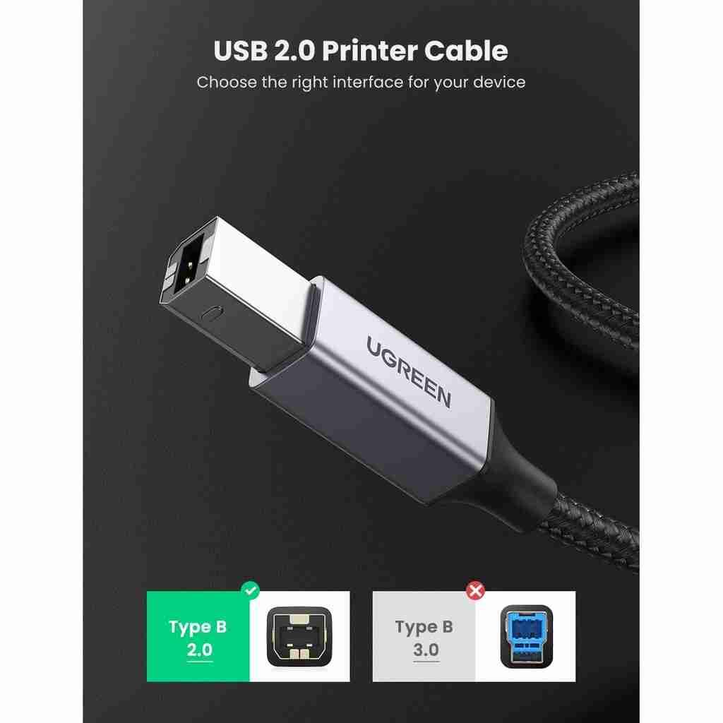 Ugreen UG80802US369TK 1.5M Đầu Nhôm vỏ bện Cáp máy in usb A ra B dây chống nhiễu - HÀNG CHÍNH HÃNG