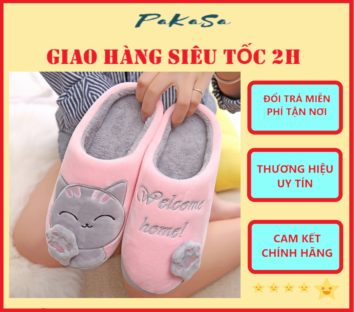 Dép Lông Mang Trong Nhà Hình Mèo Welcome Home Chống Trơn Trượt Giữ Ấm PaKaSa - Hàng Chính Hãng