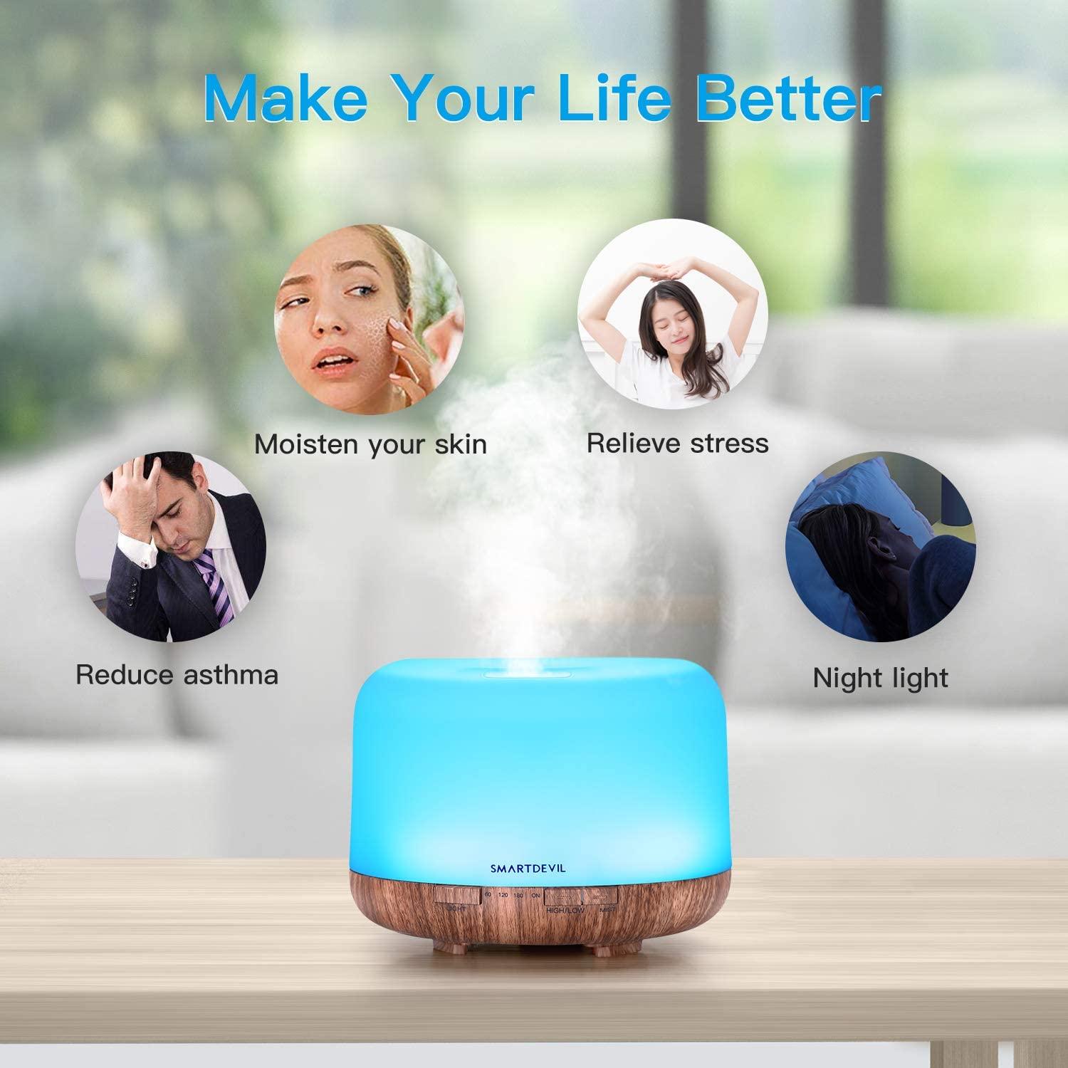 SmartDevil Hương Thơm Khuếch Tán Tinh Dầu Siêu Âm Thanh Máy Phun Sương Tạo Độ Ẩm Điều Khiển từ xa Máy Xông Phòng 7 Thay Đổi Màu Sắc và Tắt Máy Tự Động