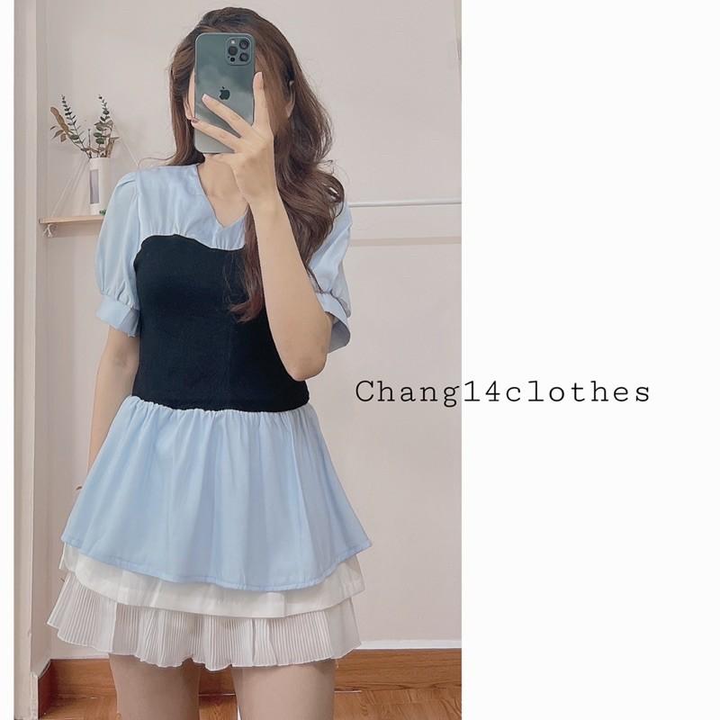 Áo sơ mi cổ v viền bèo ngắn tay