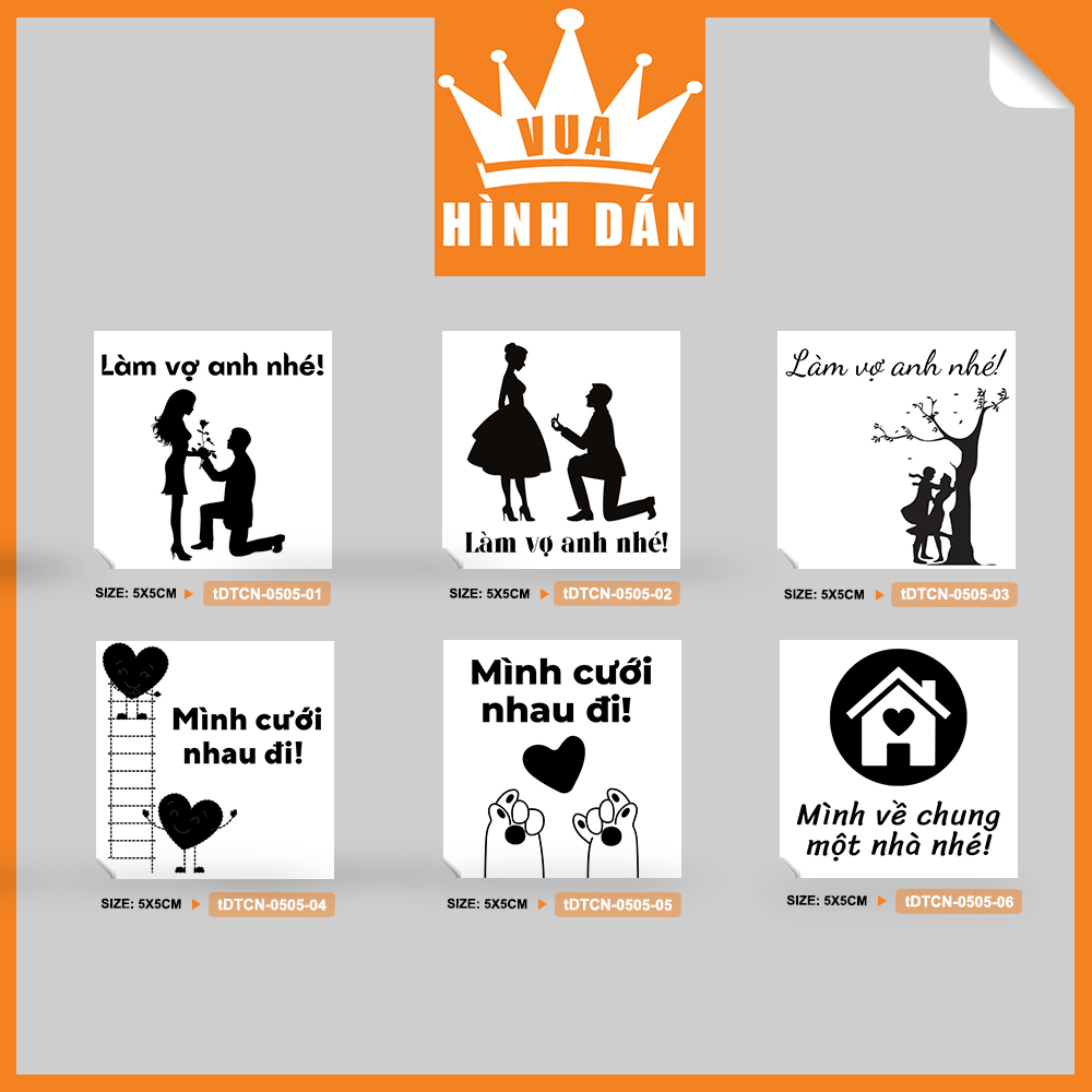 Set 50/100 nhãn dán CẦU HÔN 5x5cm LÀM VỢ ANH NHÉ, MÌNH CƯỚI NHAU ĐI - tem dán hộp quà sản phẩm 4.004