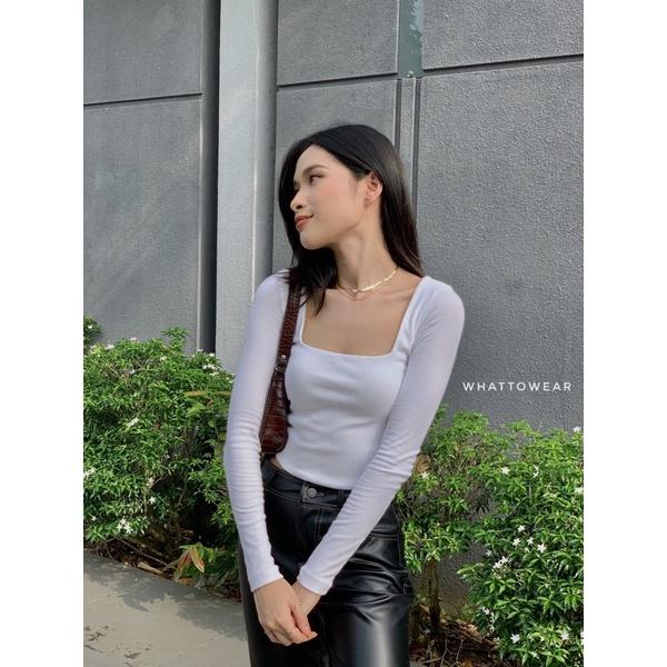 Áo Croptop cổ vuông thun gân may 2 lớp dài tay - by whattowear