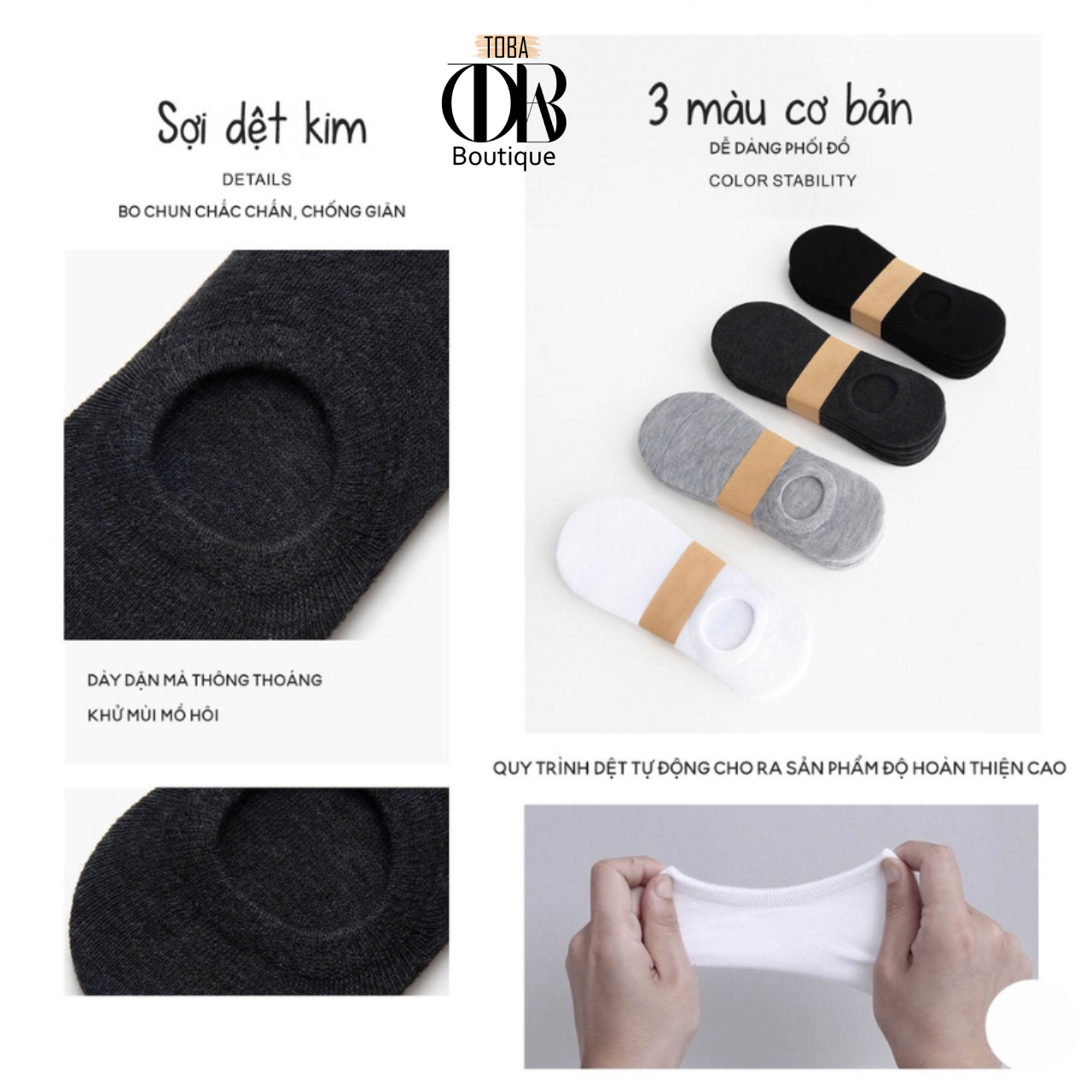 Combo 3 đôi Tất Lười cổ ngắn, vớ lười TOBA Boutique thời trang hàn quốc chống hôi chân, có đệm cao su chống trượt gót chân TBTATL03