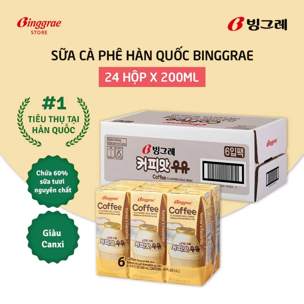 Thùng 24 hộp Sữa vị cà phê 200ml nhãn hiệu Binggrae