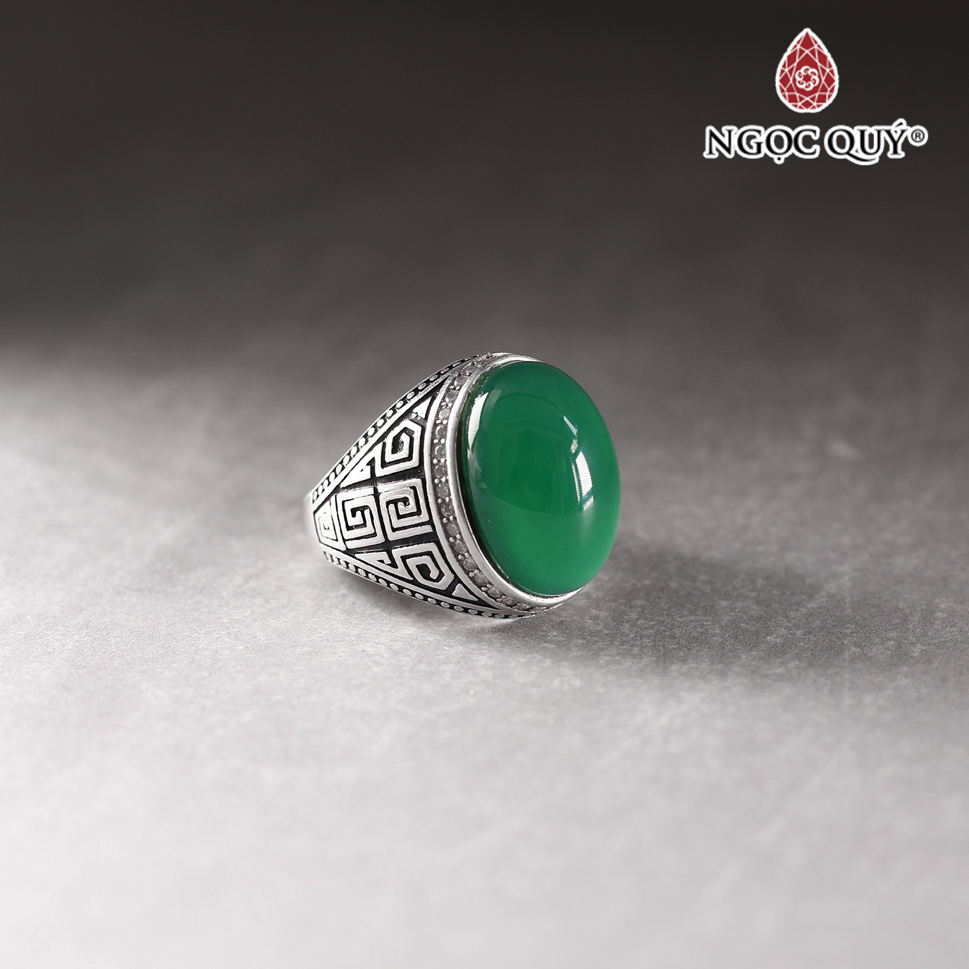 Nhẫn bạc nam mặt đá Ngọc đế quan 13x19mm Ni18 mệnh hỏa mộc - Ngọc Quý Gemstones