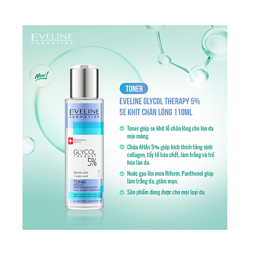 Nước hoa hồng Eveline Cosmetics Glycol Therapy AHA 5% se khít chân lông 110ml