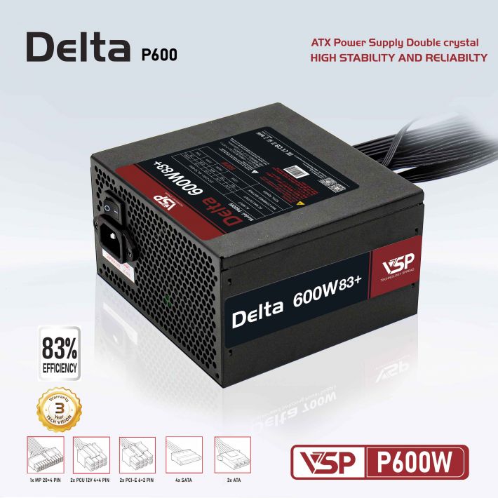 Nguồn máy tính VSP 600W Delta P600W ATX Công suất thực - Hàng chính hãng VSP phân phối