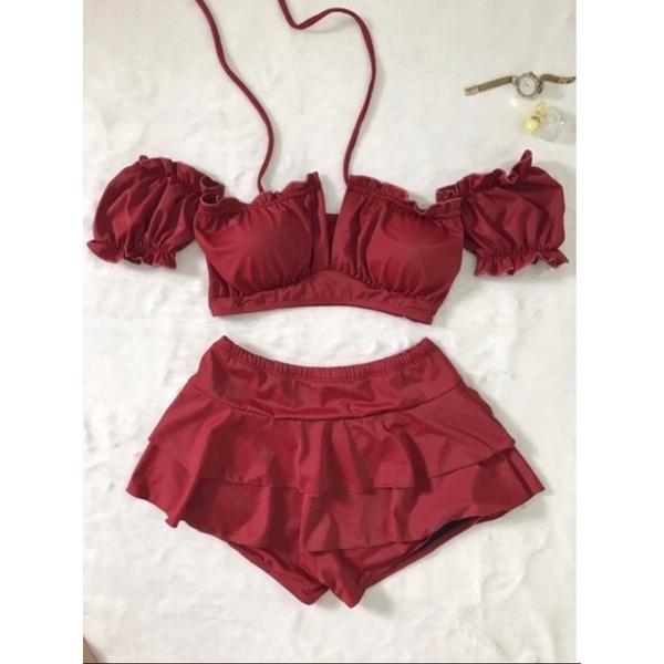 Bikini, đồ bơi đi biển 2 mảnh nữ áo tay phồng Hiền Hồ phối váy 2 tầng đẹp HM-070