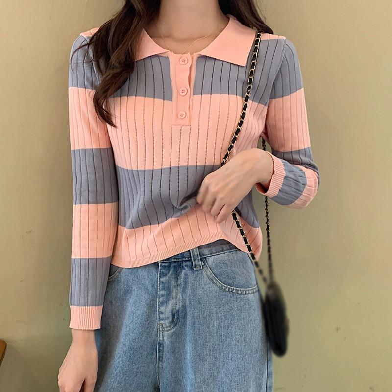 Áo Sweater Dệt Kim Tay Dài Phối Màu Tương Phản Dễ Phối Đồ Cho Nữ