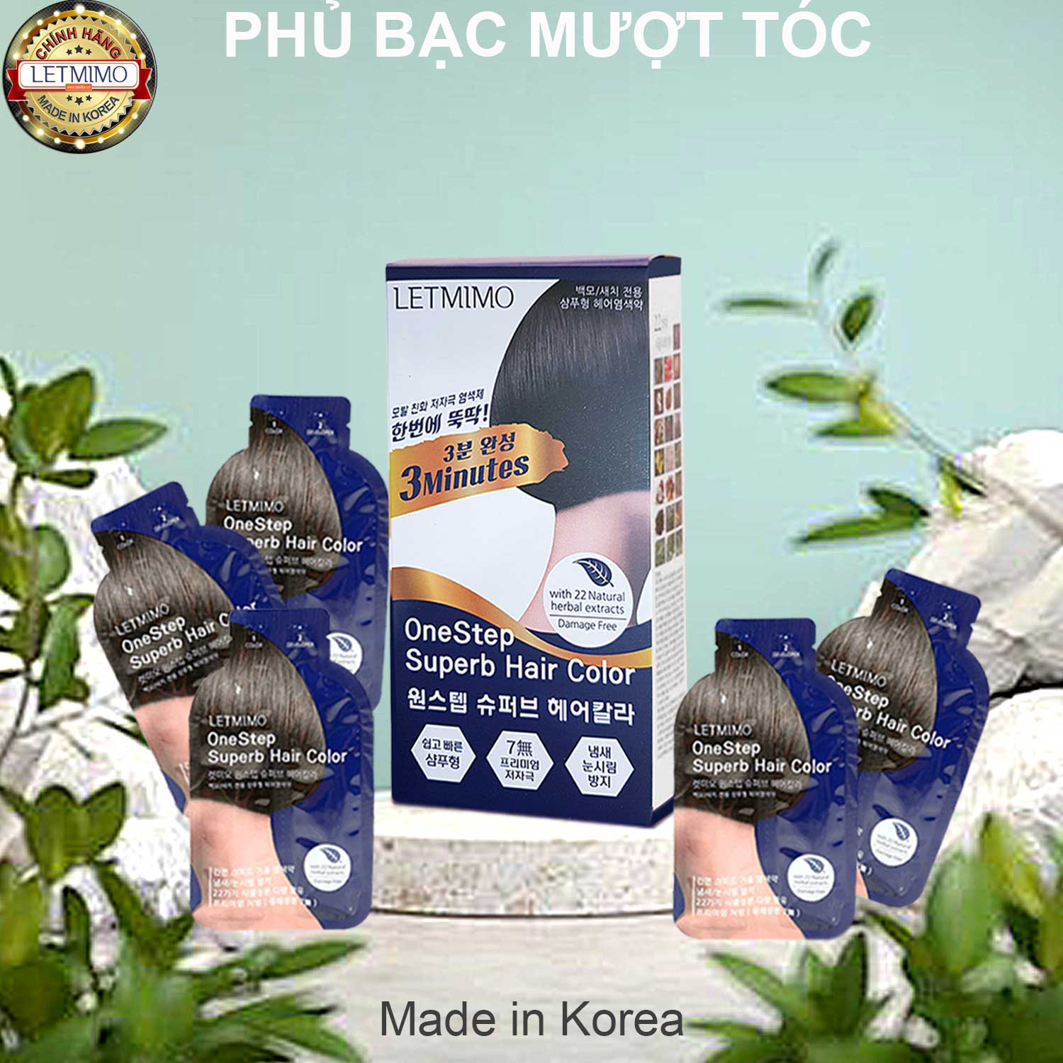 LETMIMO Thuốc Nhuộm tóc , Phủ Bạc Dưỡng tóc Thảo Mộc, 2N Màu Nâu Đen, Hộp 5 Gói, Mỗi gói 24g