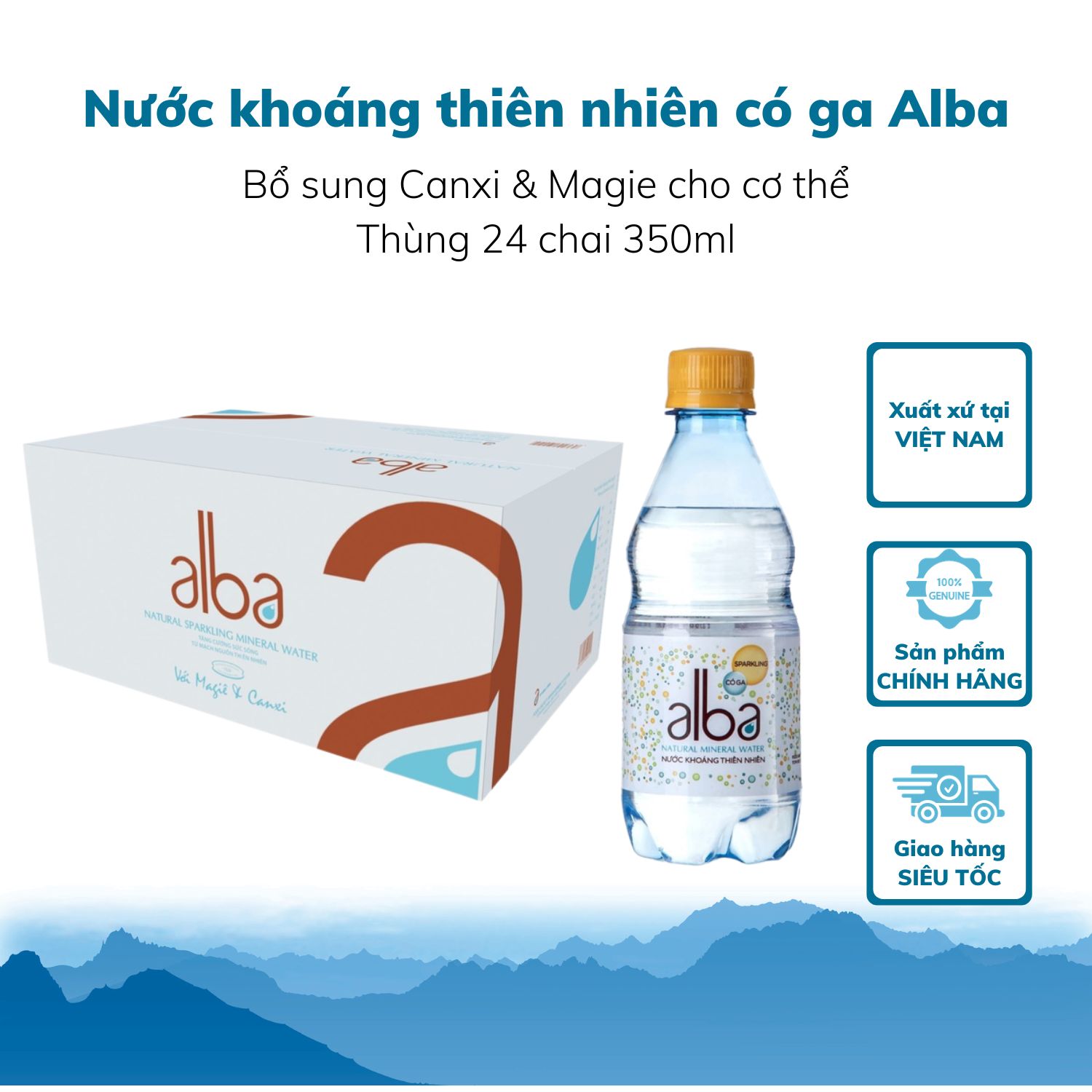 Thùng 24 chai Nước khoáng thiên nhiên ALBA có Gas PET 350ml